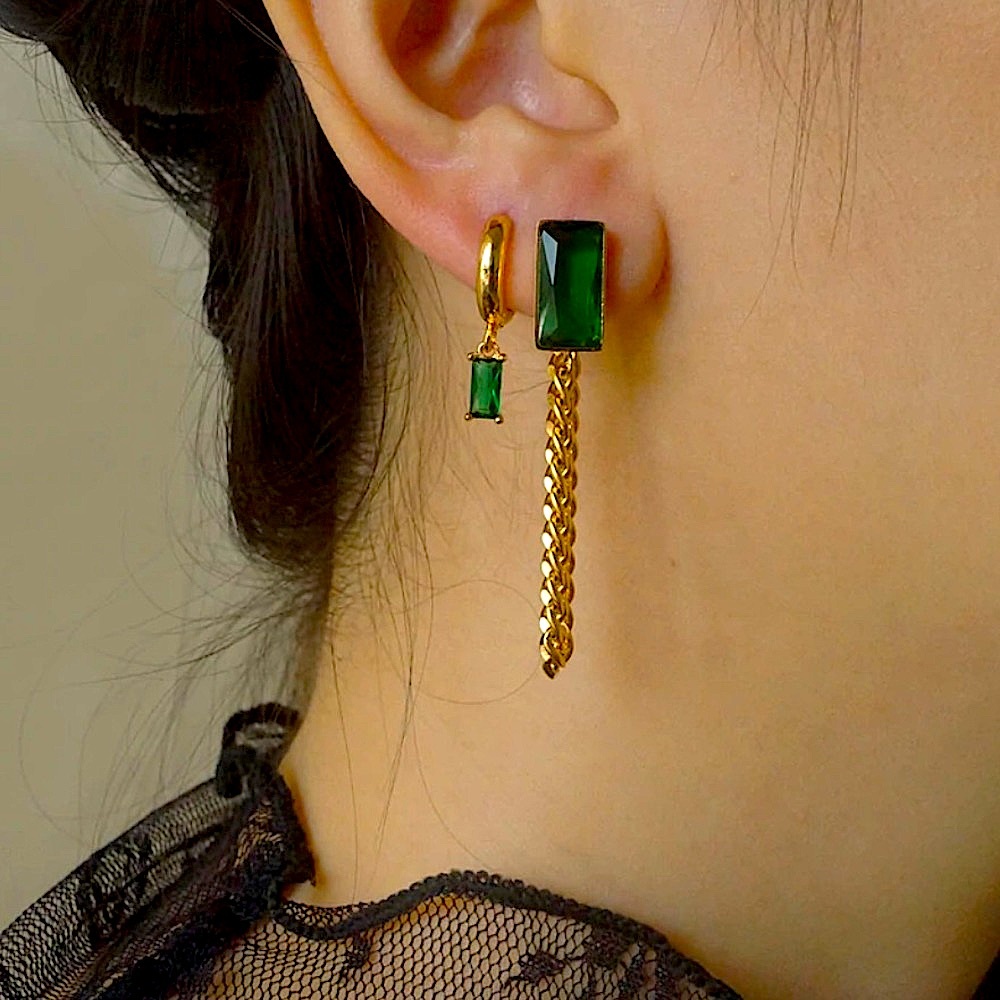 NWT Emerald 18K Gold Chain Link •Statement Earrings • Art Deco